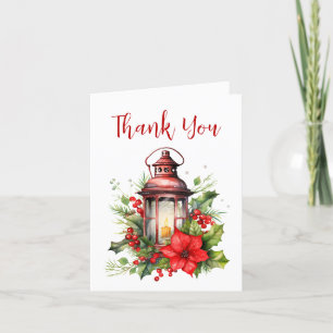 Carte De Remerciements Lanterne rouge de Noël Poinsettia et pin