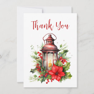 Carte De Remerciements Lanterne rouge de Noël Poinsettia et pin