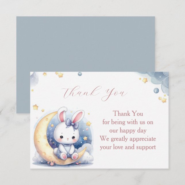 Carte De Remerciements Lapin blanc mignon assis sur la lune (Devant / Derrière)