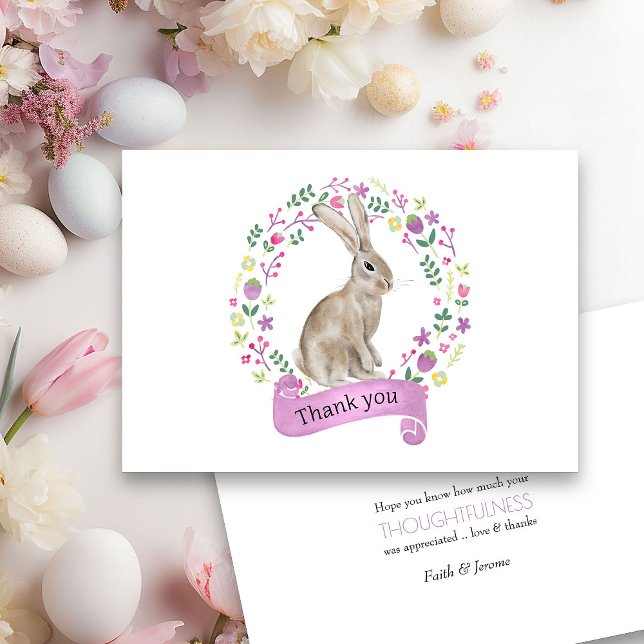 Carte De Remerciements Lapin dans une couronne de fleurs gribouillées (Spring or Easter Thank you card from my Little Bunny & Little Lamb Baby Shower collection)