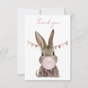 Carte De Remerciements Lapin de premier anniversaire soufflant un bubble