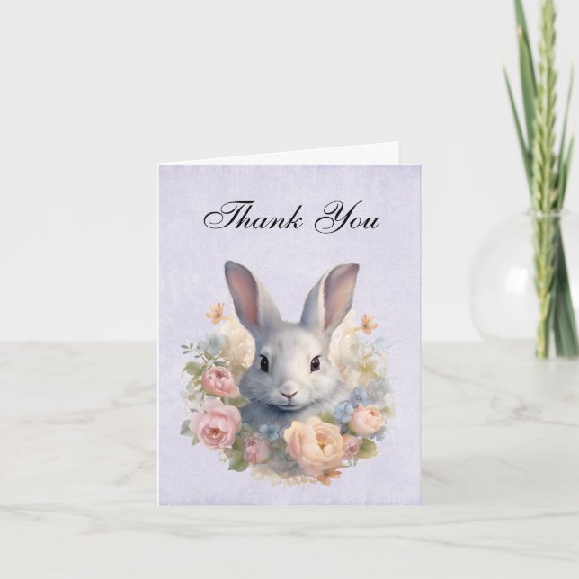 Carte De Remerciements Lapin Entouré de Fleurs Pastel Mignon (Devant)
