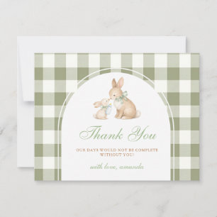 Carte De Remerciements Lapin Gingham Vert Baby Shower de Printemps Pâques