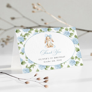 Carte De Remerciements Lapin Mignon, Nœud Bleu, Fleurs Bleues, Premier An