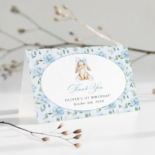 Carte De Remerciements Lapin Mignon, Nœud Bleu, Fleurs Bleues, Premier An