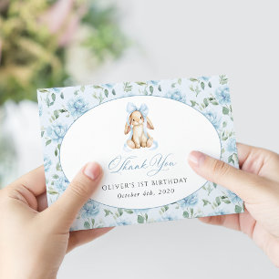 Carte De Remerciements Lapin Mignon, Nœud Bleu, Fleurs Bleues, Premier An
