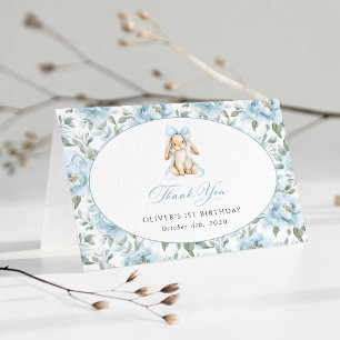 Carte De Remerciements Lapin Mignon, Nœud Bleu, Fleurs Bleues, Premier An