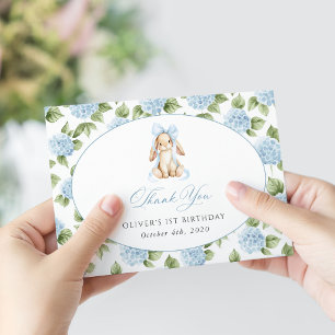 Carte De Remerciements Lapin Mignon, Nœud Bleu, Fleurs Bleues, Premier An