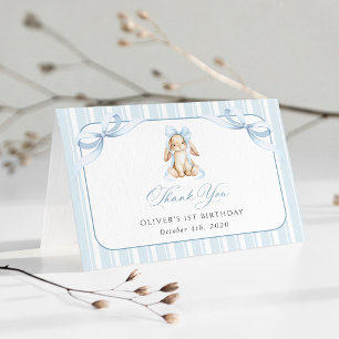 Carte De Remerciements Lapin Mignon, Nœud Bleu, Rayures Bleues, Premier A