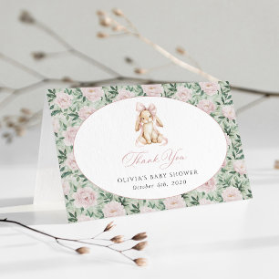 Carte De Remerciements Lapin Mignon, Nœud Rose, Fleurs Roses, Baby Shower