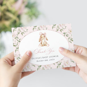 Carte De Remerciements Lapin Mignon, Nœud Rose, Fleurs Roses, Baby Shower