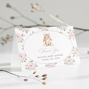 Carte De Remerciements Lapin Mignon, Nœud Rose, Fleurs Roses, Baby Shower