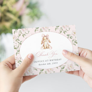 Carte De Remerciements Lapin Mignon, Nœud Rose, Fleurs Roses, Premier Ann