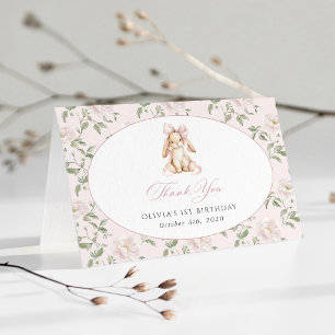 Carte De Remerciements Lapin Mignon, Nœud Rose, Fleurs Roses, Premier Ann