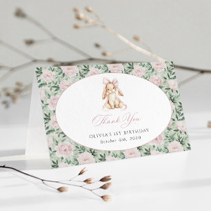 Carte De Remerciements Lapin Mignon, Nœud Rose, Fleurs Roses, Premier Ann