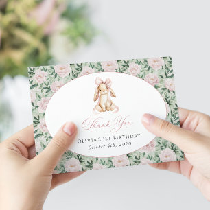 Carte De Remerciements Lapin Mignon, Nœud Rose, Fleurs Roses, Premier Ann