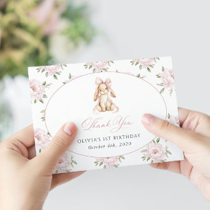Carte De Remerciements Lapin Mignon, Nœud Rose, Fleurs Roses, Premier Ann
