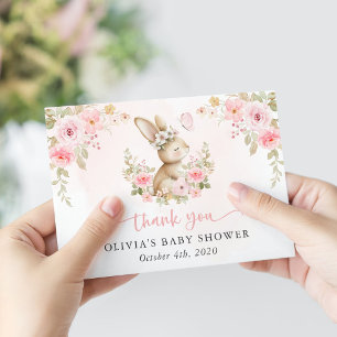 Carte De Remerciements Lapin Mignon, Papillon, Fleurs Roses, Baby Shower