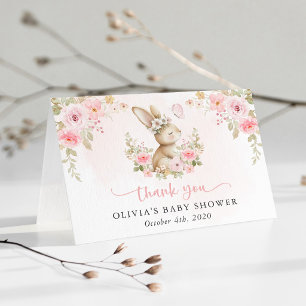 Carte De Remerciements Lapin Mignon, Papillon, Fleurs Roses, Baby Shower