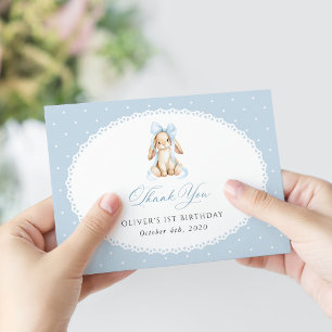 Carte De Remerciements Lapin, Nœud Bleu, Points Bleus, Premier Anniversai