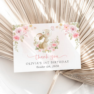 Carte De Remerciements Lapin, Papillon, Fleurs Roses, Premier Anniversair