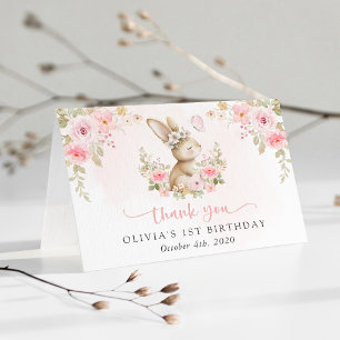 Carte De Remerciements Lapin, Papillon, Fleurs Roses, Premier Anniversair