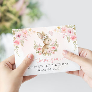 Carte De Remerciements Lapin, Papillon, Fleurs Roses, Premier Anniversair