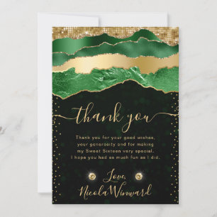 Carte De Remerciements Larmes de Glamour Vert et Or pour un Sweet Sixteen