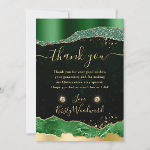 Carte De Remerciements Larmes de Glitter Vert et Or Glam Quinceanera