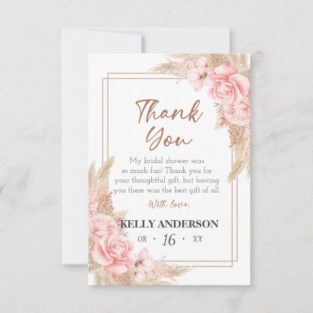 Carte De Remerciements Lavage de Mariée Géométrique Bohème Pampas Rose Do (Devant)