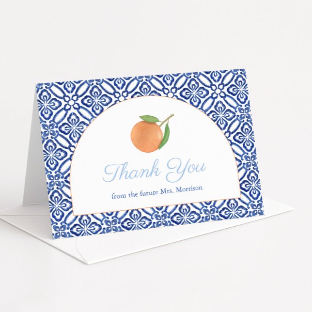 Carte De Remerciements Lavage Moderne de Carreaux Bleus Citron pour une M (Modern arch with antique blue and white Italian tiles & single orange wedding shower thank you cards)