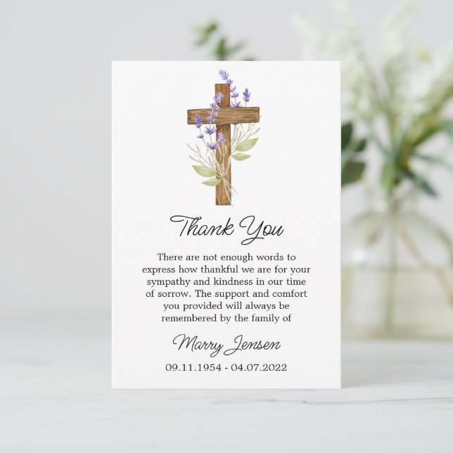 Carte De Remerciements Lavender Cross Sympathy Thank You Card (Debout devant)