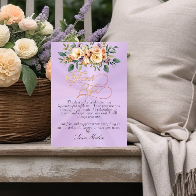 Carte De Remerciements Lavender - Floral & Silver Tiara Quinceanera (Créateur téléchargé)