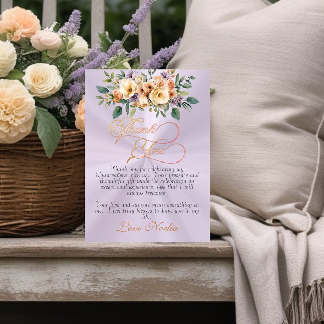Carte De Remerciements Lavender - Floral & Silver Tiara Quinceanera (Créateur téléchargé)