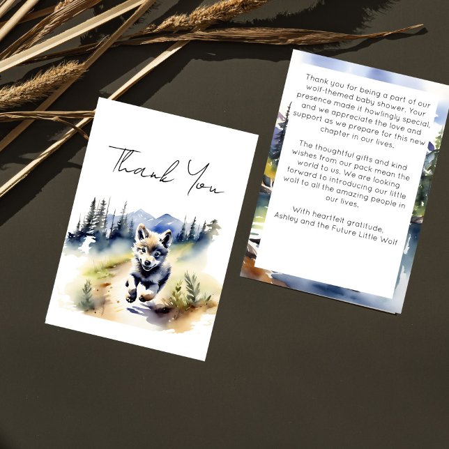 Carte De Remerciements L'aventure à thème Wolf attend le baby shower (Wolf themed baby shower adventure awaits thank you cards watercolor cute wolf cub in Alaska wild)