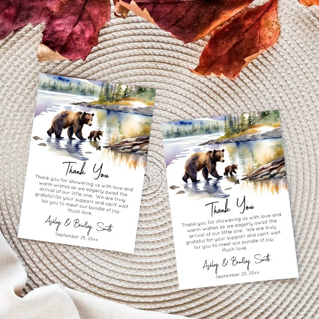 Carte De Remerciements L'aventure attend un ourson avec baby shower maman (National parks adventure awaits baby shower thank you cards cute bear cub mama grizzly Alaskan wild)