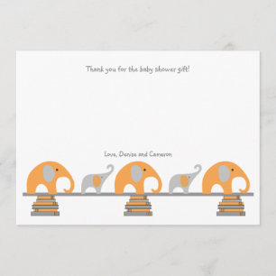 Carte De Remerciements Le baby shower gris orange de livre d'éléphants
