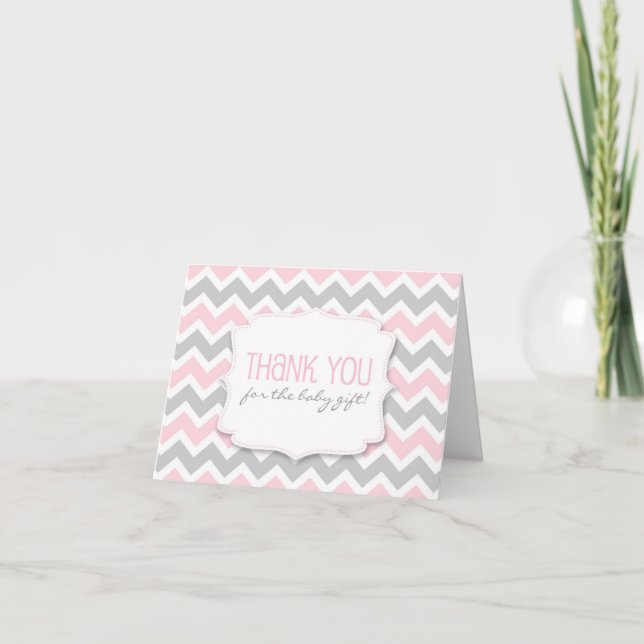 Carte De Remerciements Le baby shower gris rose de Chevron vous (Devant)