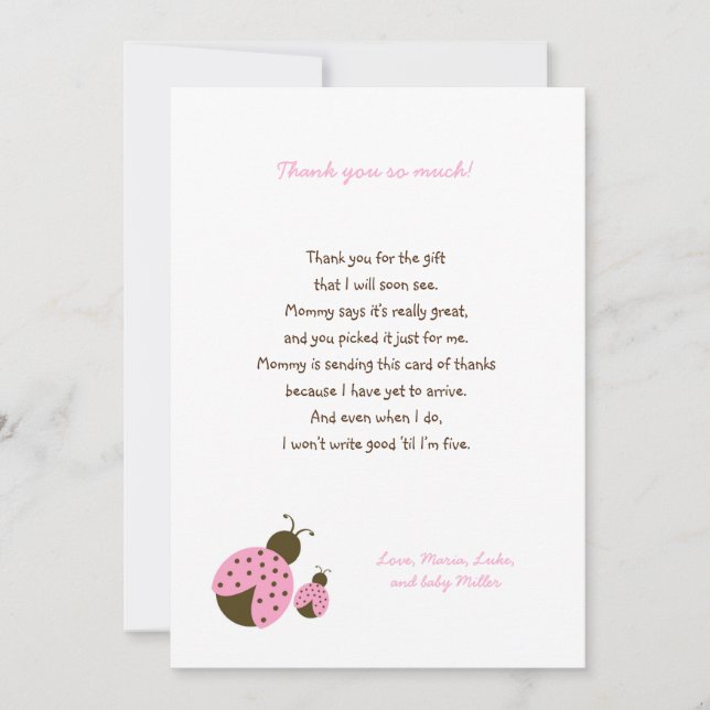 Carte De Remerciements Le baby shower rose simple de coccinelle vous (Devant)