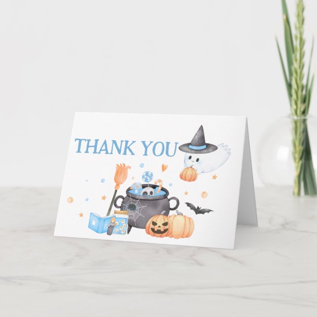 Carte De Remerciements Le bébé brasse le Baby shower d'Halloween bleu (Devant)