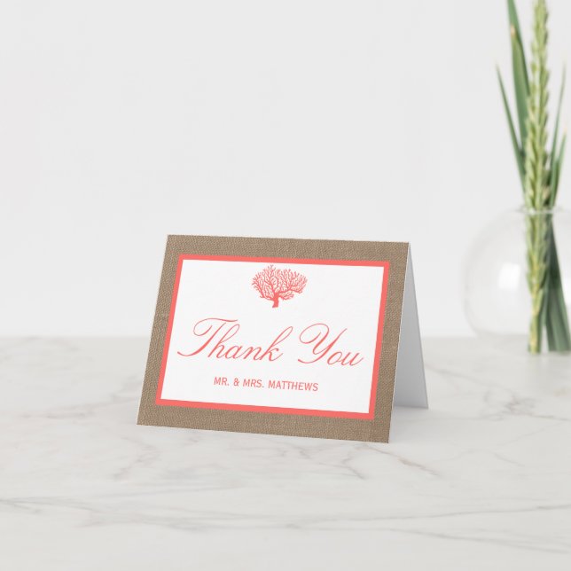 Carte De Remerciements Le Corail Sur Burlap Boho Beach Wedding Collection (Devant)