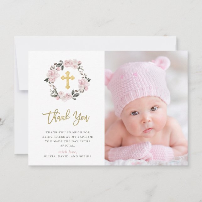 Carte De Remerciements Le cru rougissent baptême croisé floral et d'or de (Devant)