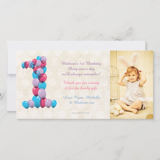 Carte De Remerciements Le ęr anniversaire de bébé monte en ballon le (Devant)