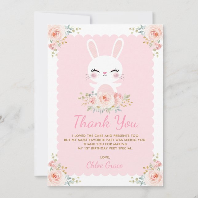 Carte De Remerciements Le lapin mignon/rougissent anniversaire floral (Devant)