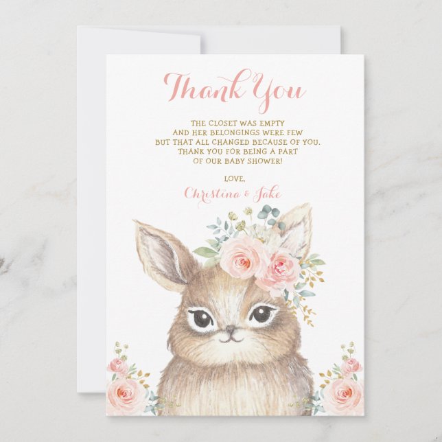 Carte De Remerciements Le lapin mignon rougissent baby shower floral d'or (Devant)