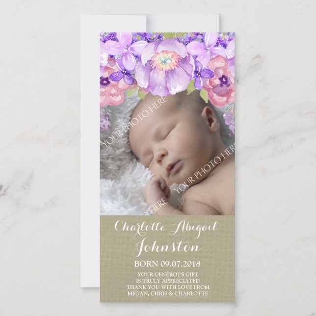 Carte De Remerciements Le pourpre Brown de toile de jute fleurit la (Devant)