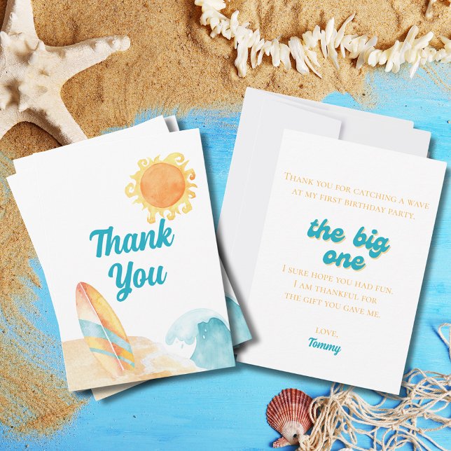 Carte De Remerciements Le premier anniversaire de The Big One à la plage  (The Big One Watercolor Beach 1st Birthday Thank You Card
)