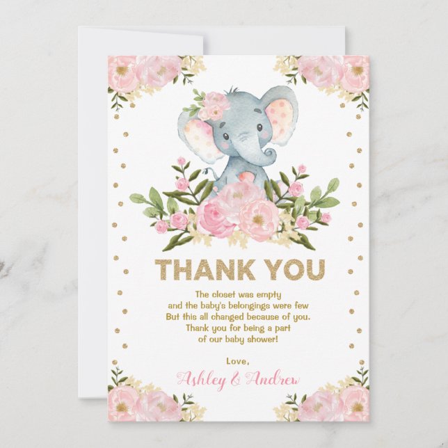 Carte De Remerciements L'éléphant mignon rougissent baby shower floral (Devant)