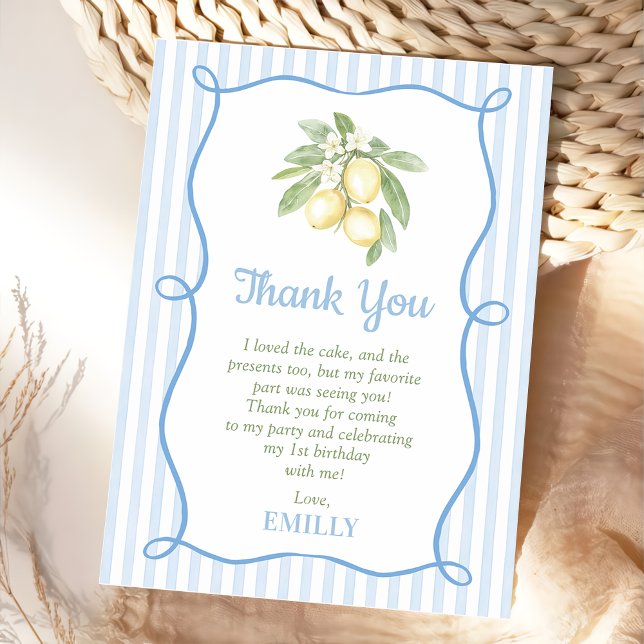 Carte De Remerciements Lemon Blue Stripes Birthday Flat Thank You Card (Créateur téléchargé)