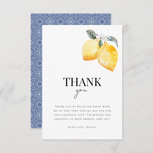 Carte De Remerciements Lemon Floral & Carrelage Italien Citron Mariage (Devant / Derrière)